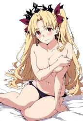 ai_assisted ai_generated arm_over_breasts bare_arms bare_belly bare_legs bare_shoulders bare_thighs belly_button big_breasts black_panties blonde_hair blush breasts closed_mouth collarbone crown earrings embarrassed ereshkigal_(fate) fate/grand_order fate_(series) hair_ribbon jei_games long_hair panties panties_only red_eyes shiny_skin sitting sweat sweaty_body thighs topless