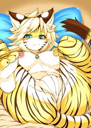 2018 anthro blonde_hair blush breasts feline female full_bokko_heroes_x hair mammal megane_inu pussy solo zhang_fei_(full_bokko_heroes_x) zhang_fei_(fullbokko_heroes)