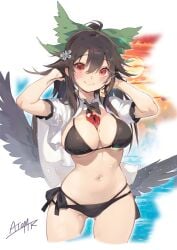 1girls belly_button big_breasts bikini blush breasts brown_hair cape color colored crow_girl crow_wings curvy_figure female female_only hands_behind_head partially_clothed red_eyes reiuji_utsuho ribbon ribbon_in_hair smile solo tetsu__ttr thighs third_eye touhou utsuho_reiuji wings yokai youkai