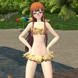 1girls atlus beach blush ofugh outdoors persona persona_5 sakura_futaba swimsuit xnalara