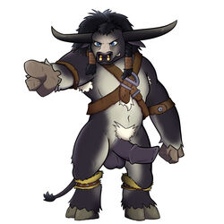 2018 anthro balls bottomless bovine clothed clothing digital_media_(artwork) erection fur horn josephtl male male_only mammal partially_clothed penis simple_background solo tauren video_games warcraft