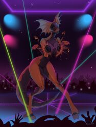 3_fingers 3_toes absurd_res anthro audience background_character barefoot bedroom_eyes black_and_orange bouncing_breasts breast_squish breasts crowd dance_floor detailed_background digital_drawing_(artwork) digital_media_(artwork) digitigrade exhibitionism feet female fingers frill_(anatomy) genitals group hi_res lights machine mivi_(kebirb) multicolored_body musical_note musical_symbol narrowed_eyes nude nude_female public public_nudity robot scalie screen screen_face seductive signature smile snout solo solo_focus speaker squish symbol synth_(vader-san) tail toes tyo_dem visor vulva watermark