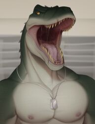 anthro bodily_fluids dinosaur dog_tags hi_res male mouth_shot nevolsky nipples open_mouth pecs prehistoric_species reptile rocco_(tallion) saliva scales scalie sharp_teeth solo teeth theropod tongue tyrannosaurid tyrannosauroid tyrannosaurus tyrannosaurus_rex