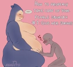 ambiguous_gender anonymous_character belly_grab belly_rub big_ass big_belly big_breasts big_butt big_thighs blush drooling fat_ass female iamnot4sadito overweight overweight_female pokemon pokemon_(species) snorlax stroking