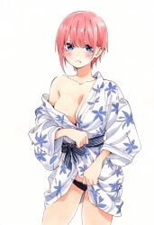 ai_assisted ai_generated bare_legs bare_shoulders bare_thighs big_breasts black_panties blue_eyes blush breasts collarbone go-toubun_no_hanayome japanese_clothes jei_games nakano_ichika no_bra off_shoulder open_clothes panties parted_lips pink_hair short_hair thighs underwear yukata