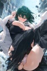 ai_generated angry angry_face bare_legs big_ass big_breasts blush bob_cut fubuki_(one-punch_man) glowing_eyes green_eyes green_hair hodarake inner_thighs looking_at_viewer one-punch_man panties ripped_clothing thick_thighs viewed_from_below wide_hips