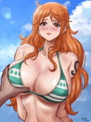 1boy 1girls arm_behind_back arm_grab big_breasts bikini_top blush breast_grab earrings female grabbing_own_arm kyopink long_hair male nami nipple_bulge one_piece orange_eyes orange_hair post-timeskip pov striped_bikini_top sweat tattoo tattoo_on_shoulder