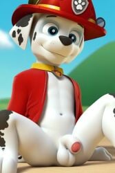 1boy bottomless flaccid_penis foreskin furry_male furry_only hat male_focus male_only marshall_(paw_patrol) spread_legs