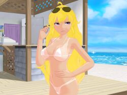 1girls bikini bikini_bottom bikini_top blonde_female blonde_hair female_only long_hair long_hair_female purple_eyes rwby solo_female sunglasses sunglasses_on_head tan_body tan_skin tanline theblackbirdcalls yang_xiao_long