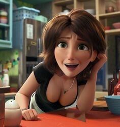 3d accurate_art_style aunt big_hero_6 breasts brown_hair cass_hamada casual cleavage clothed clothes collar disney ear edit female green_eyes human kitchen marvel milf necklace neckwear pale_skin rastifan realistic smile wife