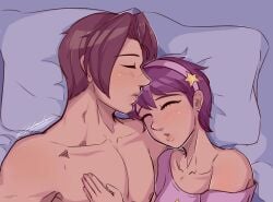 after_sex athena_asamiya charlyarts10_(artist) king_of_fighters kyo_kusanagi nude_male psycho_soldier purple_hair romantic_ambiance romantic_couple short_hair sleeping sleeping_together snk tomboy