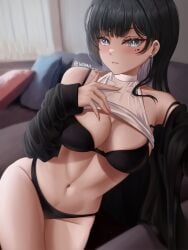 1girls bare_shoulders black_bra black_hair black_panties blue_eyes blush bra breasts cleavage clothes_lift ear_piercing earrings highres jewelry large_breasts long_hair long_sleeves looking_at_viewer mole mole_under_eye nabi_(wonnikon) navel off_shoulder open_clothes original panties piercing shirt_lift solo stud_earrings thighs underwear undressing wonnikon