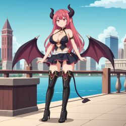 ai_generated bikini demon_girl demon_horns demon_tail female jacket long_hair red_eyes red_hair thigh_boots