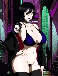 1girls akinama_family_(noir-black-shooter) big_breasts dark_blue_hair huge_breasts naoki_akinama_(noir-black-shooter) no_panties noir-black-shooter oc original original_character purple_eyes purple_hair short_hair tattoo tattooed_arm