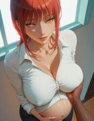 1boy ai_generated big_breasts breast_grab clothed dominant_male female open_shirt pregnant red_hair ringed_eyes time_skip yellow_eyes