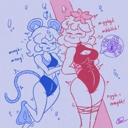 2girls air_bubbles asphyxiation cleavage_cutout drowning highleg_one-piece_swimsuit motion_lines mouse_ears mouse_girl mouse_tail one-piece_swimsuit original puffed_cheeks signature soaked_lemon tagme tied_up trapped twitching underwater