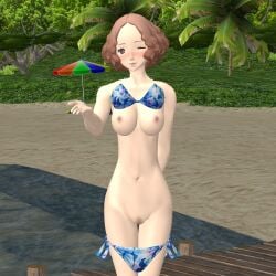 1girls 3d 3d_(artwork) atlus beach big_breasts bikini bikini_bottom_down blush breasts breasts_out cute female female_only haru_okumura nipples ofugh outdoors persona persona_5 pubic_hair self_upload solo tagme wink winking winking_at_viewer xnalara