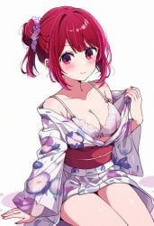 ai_assisted ai_generated arima_kana bare_legs bare_shoulders bare_thighs blush bra breasts cleavage closed_mouth collarbone hair_ribbon japanese_clothes jei_games medium_breasts nail_polish off_shoulder oshi_no_ko ponytail red_eyes red_hair red_nails shiny_skin short_hair smile thighs underwear yukata