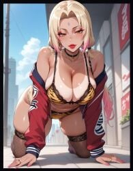 1girls ai_generated all_fours blonde_hair bra brown_eyes fishnets gyaru highlights_(coloring) honey_brown_eyes large_breasts legwear lewdwaifulaifu looking_at_viewer makeup nails nails_painted naruto on_floor panties thick_thighs tsunade