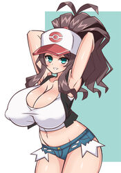 1girls alternate_breast_size armpits arms_behind_head arms_up bare_shoulders belly big_breasts big_hair blue_background blue_eyes blush breasts brown_hair chro cleavage clothed clothes daisy_dukes denim denim_shorts erect_nipples female female_only hat hilda_(pokemon) huge_breasts human large_breasts long_hair looking_at_viewer midriff navel nipples pokemon pokemon_bw ponytail pose shirt short_shorts shorts smile solo teeth white_background wide_hips