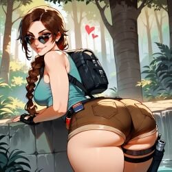 1girls ai_generated ass ass_focus backpack bag bare_shoulders belt black_gloves braid breasts brown_eyes brown_hair brown_shorts clothing curvaceous curvaceous_female curvaceous_figure curvy curvy_figure day eyewear female female_focus female_only fingerless_gloves forest from_behind glasses gloves hair_over_shoulder heart heart-shaped_eyewear holster holstered_weapon huge_ass inviting inviting_to_sex lara_croft large_ass large_breasts lips long_hair looking_at_viewer looking_back looking_over_eyewear medium_breasts nature outdoors parted_lips ponytail presenting presenting_ass presenting_hindquarters seductive seductive_look seductive_smile shiny shirt short_shorts shorts single_braid sleeveless smile solo sunglasses tank_top taut_clothes thick_thighs thigh_holster thigh_strap thighs tied_hair tinted_eyewear tomb_raider tree voluptuous voluptuous_female weapon