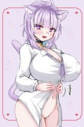 1girls artist_request half-dressed hololive huge_breasts looking_at_viewer nekomata_okayu purple_hair smile tight_clothing virtual_youtuber