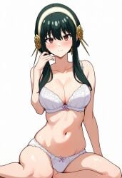 ai_assisted ass_visible_through_thighs bare_arms bare_belly bare_legs bare_shoulders bare_thighs belly_button big_breasts black_hair blush bra breasts cleavage closed_mouth collarbone earrings hairband hip_bones jei_games long_hair panties red_eyes shiny_skin sitting spy_x_family thighs underwear underwear_only white_bra white_panties white_underwear yor_briar