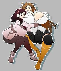 2girls beryl_(junkpuyo) blush breast_envy breast_fondling button_down_shirt earmuffs huge_breasts jealous jiggling leggings matsu-sensei mattie_(matsu-sensei) nervous nipple_bulge skirt sweat thighhighs winter_clothes