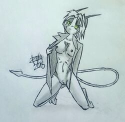 2018 anthro breasts dreamkeepers fawkesvtrot female green_eyes horn mammal namah_calah navel nipples open_coat pussy solo spade_tail