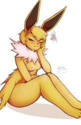 absurd_res anthro big_breasts blonde_hair breasts canid eeveelution female fur generation_1_pokemon green_eyes hair hi_res jolteon mammal nachan nintendo nipples pokemon pokemon_(species) simple_background solo tail white_body white_fur yellow_body yellow_fur