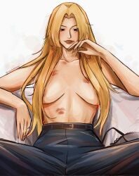 1girls assertive_female big_breasts blonde_hair breasts cleavage female female_only hair_over_breasts jeans jujutsu_kaisen kiss_mark kiss_marks long_hair pants seductive solo spread_legs sugurusboobs topless yuki_tsukumo