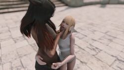 2girls 3d arm_around_waist au_ra black_hair blonde_hair dark_skin final_fantasy_xiv futanari hand_on_penis happy holding_chin masturbating_other masturbation miqo'te nipples_visible_through_clothing original_character perky_nipples