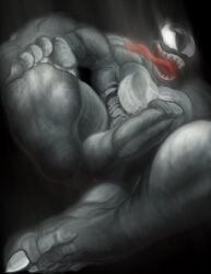 5_fingers 5_toes absurd_res anthro balls big_balls big_feet big_penis claws erection feet fingers foot_fetish foot_focus foreskin genitals hi_res humanoid_feet humanoid_genitalia humanoid_penis looking_down low-angle_view mroleoso nails penis plantigrade toes venom