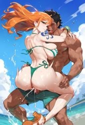 ai_generated bbc beach big_ass big_breasts bikini dineiz huge_ass huge_breasts nami nami_(one_piece) nsfw one_piece pussy sex_from_behind standing_sex