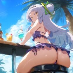 ai_generated ameanon ass beach big_ass bikini bikini_skirt hololive hololive_gen_2 hololive_japan huge_ass large_ass murasaki_shion sitting thick_thighs virtual_youtuber vtuber white_hair yellow_eyes