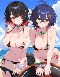 beach belle_(zenless_zone_zero) bikini black_hair blue_hair ellen_joe hair_ornament half_naked