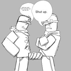 bloxxer_(the_robloxia:_until_dawn) bulderman_(the_robloxia:_until_dawn) clothed gay hat men pressing_against roblox roblox_avatar roblox_game smiling talking the_robloxia:_until_dawn