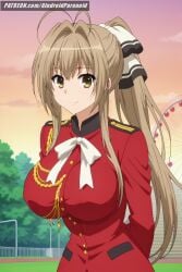 ai_generated aiguillette aindroidparanoid amagi_brilliant_park anime_screenshot big_breasts breasts brown_eyes brown_hair coat female female_focus female_only highres large_breasts long_hair military military_uniform pleated_skirt red_coat ribbon school_uniform schoolgirl sento_isuzu skirt stable_diffusion sunset thighhighs uniform yellow_eyes zettai_ryouiki