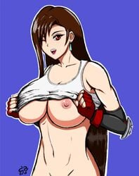 2018 bottomless breasts brown_hair cetra_blues earring final_fantasy final_fantasy_vii flashing gloves large_breasts long_hair pink_lipstick red_eyes smooth_skin square_enix tank_top tifa_lockhart undressing wink