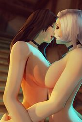 1girls black_lipstick blizzard_entertainment breasts choker collar eroa eyeshadow freckles high_heels human kiss kissing long_hair making_out mystmantle naked nose_piercing pale_skin slim stockings sylvya_felstorm violet_eyes warcraft white_eyes white_hair world_of_warcraft wow yuri