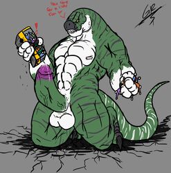 ! anthro balls big_balls big_penis bus claws cum green_scales grilder123 holding_object huge_balls huge_cock humanoid_penis kneeling macro male male_only muscular muscular_male nipples nude penis scales scalie simple_background stripes teeth toe_claws vehicle white_scales