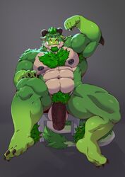 2018 4_toes abs anthro biceps body_hair chest_hair dragon facial_hair facial_piercing flexing fur furred_dragon goatee green_hair hair horn male male_only muscular muscular_male nipples nose_piercing nose_ring pecs penis piercing pubes solo taoren teeth toes uncut