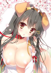 animal_ears areolae bare_shoulders black_hair blush breasts brown_eyes cherry_blossoms choker collar collarbone dog_ears female hair_ornament hairclip haruna_(kantai_collection) headgear kantai_collection large_breasts leash long_hair looking_at_viewer nipples nude shigunyan solo