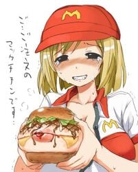 774_(nanashi) blonde_hair blood blush boob_burger bread breasts burger cheese cooking_vore dialogue erect_nipples female female_only gore guro hat japanese_text large_breasts lettuce mayonnaise mcdonald's open_mouth saliva simple_background sweat tear text translated trembling uniform vore white_background your_order_is_ready_(meme)