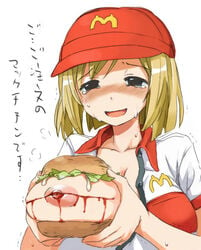 774_(nanashi) blonde_hair blood blush boob_burger bread breasts burger cheese cooking_vore erect_nipples female female_only gore guro hat large_breasts lettuce mcdonald's open_mouth saliva simple_background sweat tear translated uniform vore white_background your_order_is_ready_(meme)