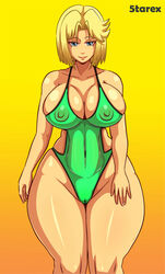 5tarex big_ass big_breasts blonde_hair blue_eyes breasts cameltoe clothed female huge_breasts looking_at_viewer nipples short_hair smile standing swimsuit