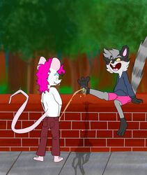 2018 ambiguous_gender anthro biped blush clothed clothing digital_media_(artwork) duo frottingotter fur hair male male/ambiguous mammal mouse open_mouth peeing penis procyonid raccoon rodent smile standing toes urine watersports