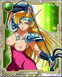 adapted_costume areolae blonde_hair blue_eyes breasts casual_exposure chameleon_june female gauntlets large_breasts long_hair looking_at_viewer navel nipples photoshop saint_seiya shoulder_armor tiara topless whip