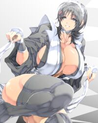 black_hair blue_eyes breasts calves cleavage extreme_muscles female fingerless_gloves gloves iroha jin-jin large_breasts maid maid_headdress muscles muscular_female samurai_shodown solo thick_thighs toned