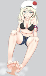 barefoot beauty_mark beret blonde_hair blush bra feet female footjob french_flag green_eyes kantai_collection long_hair looking_at_viewer open_shorts richelieu_(kantai_collection) shorts smile soles steam toes